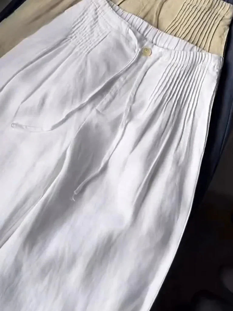 Pantalon large plissé à cordon de serrage pour femme, en coton et lin
