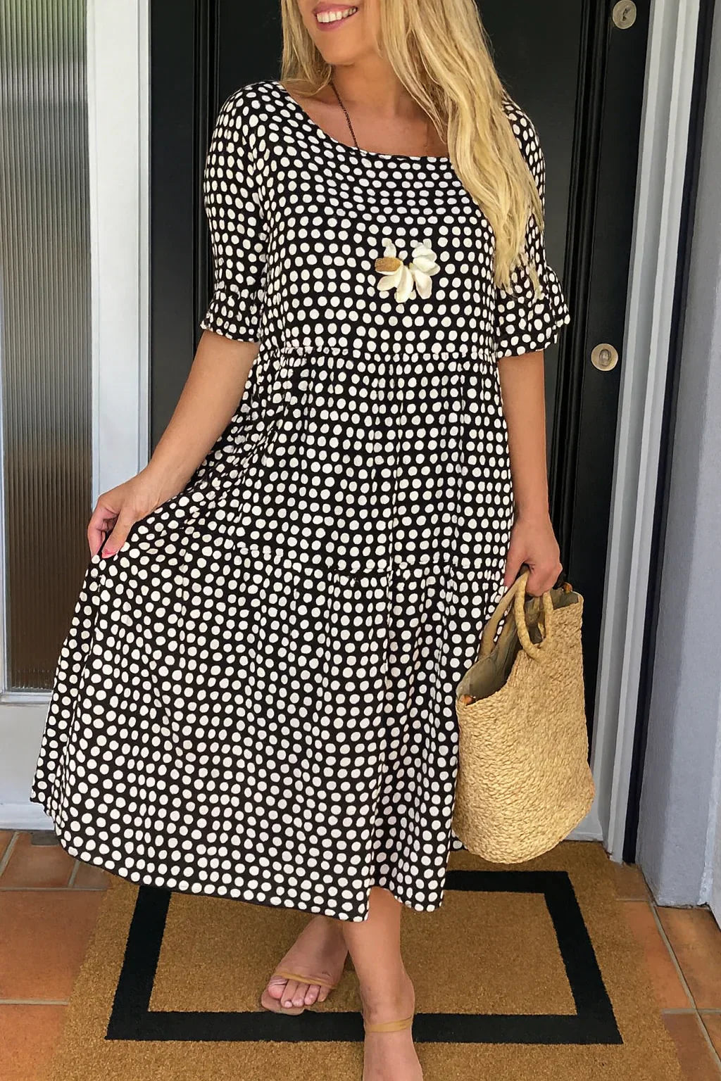 Robe midi évasée à pois pour femme, coupe décontractée