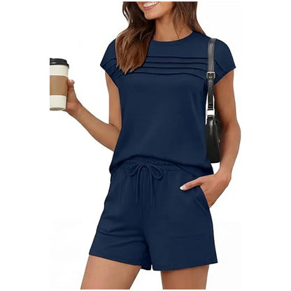 Ensemble de détente pour femme : haut à col rond et pantalon à cordon (court ou long)