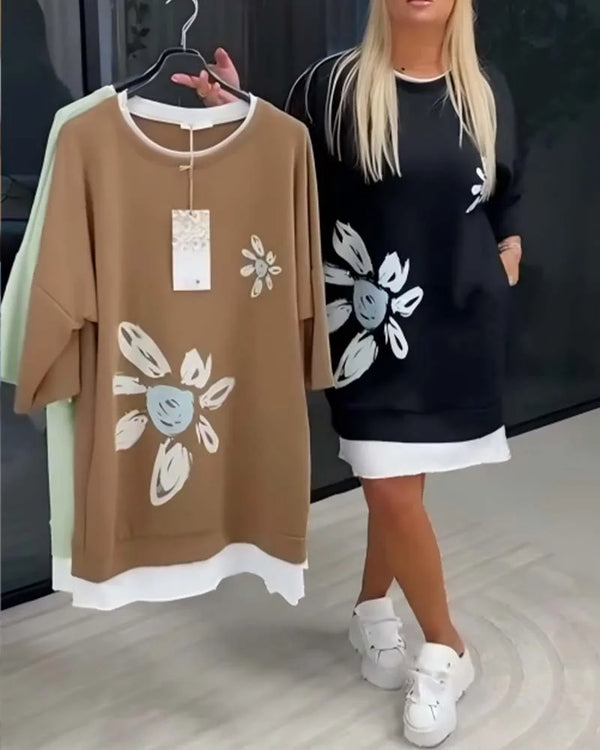 Robe sweat-shirt patchwork imprimée décontractée pour femme