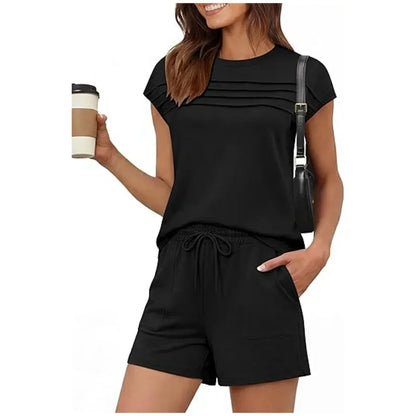 Ensemble de détente pour femme : haut à col rond et pantalon à cordon (court ou long)