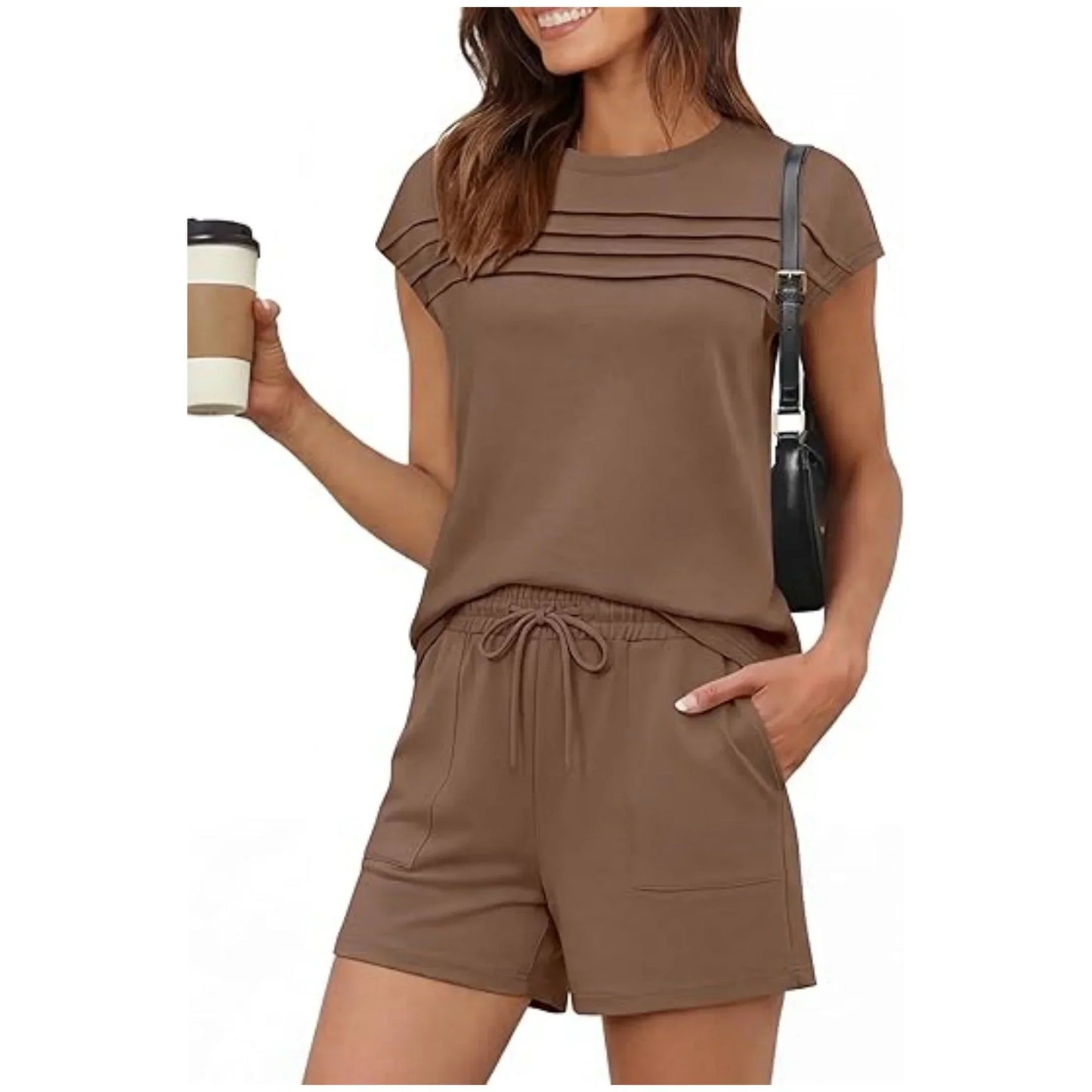 Ensemble de détente pour femme : haut à col rond et pantalon à cordon (court ou long)