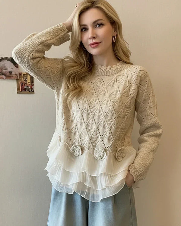 Pull Femme en Maille avec Volants en Mousseline