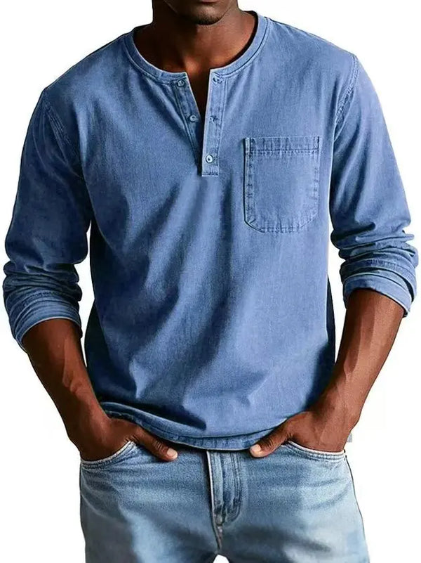 Chemise en denim Henley vintage pour homme avec poche poitrine