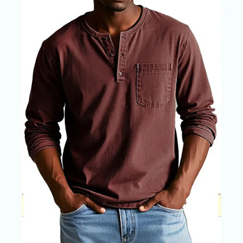 Chemise en denim Henley vintage pour homme avec poche poitrine