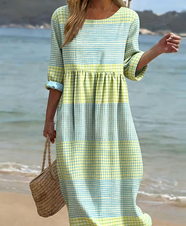 Robe midi décontractée en coton et lin à carreaux pour femme