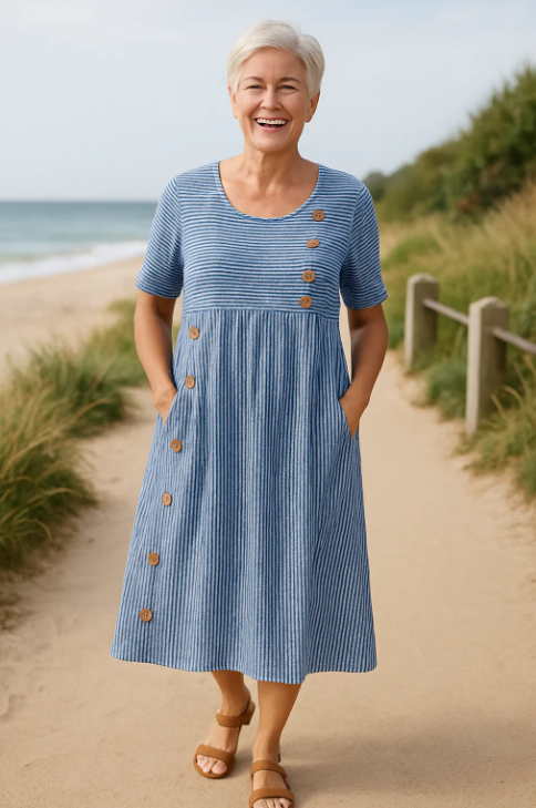 Robe midi boutonnée à rayures pour femme