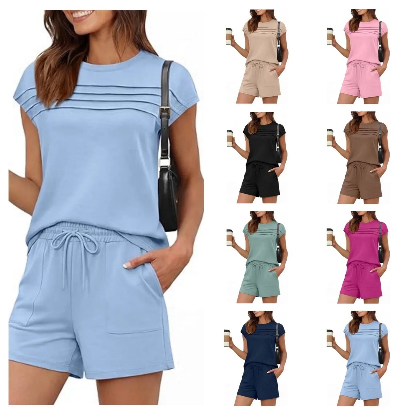 Ensemble de détente pour femme : haut à col rond et pantalon à cordon (court ou long)