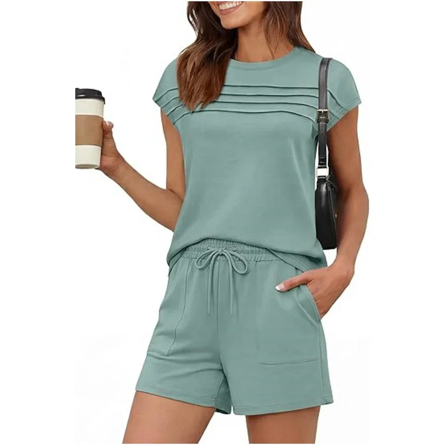 Ensemble de détente pour femme : haut à col rond et pantalon à cordon (court ou long)