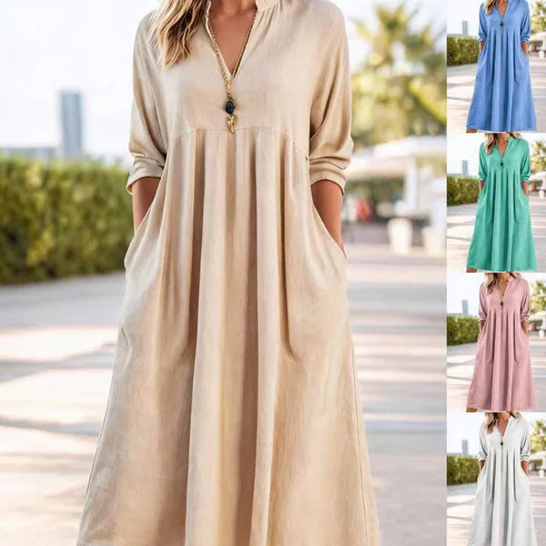 Robe midi empire à col en V et poches pour femme