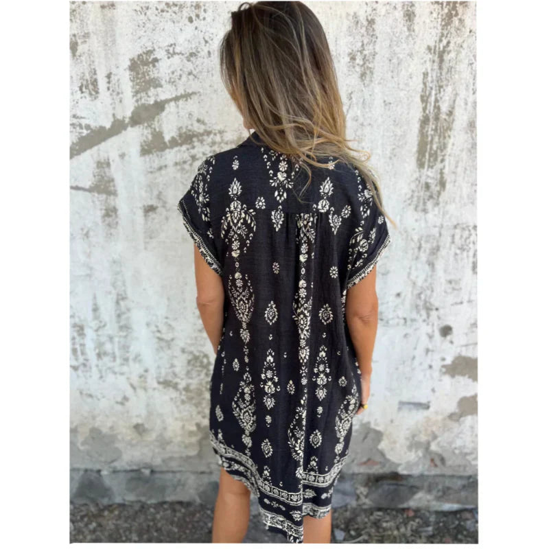 Robe courte imprimée à col en V et manches courtes avec poches pour femme