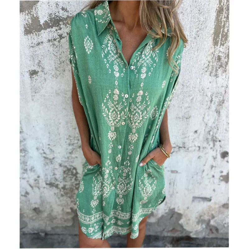 Robe courte imprimée à col en V et manches courtes avec poches pour femme